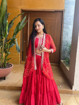 Red & Pink Bandhej Lehenga Choli with  Shrug