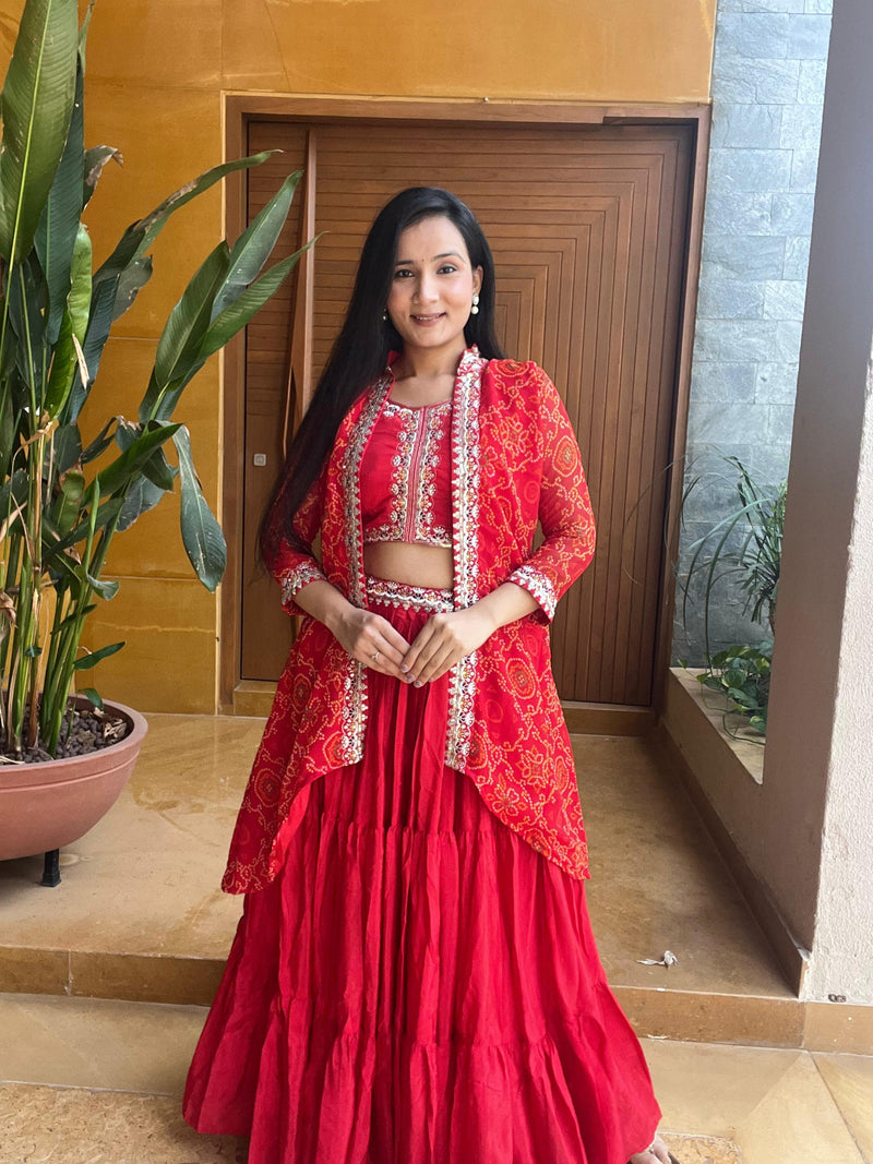 Red & Pink Bandhej Lehenga Choli with  Shrug