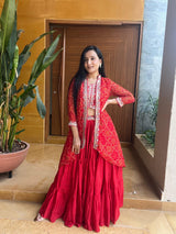 Red & Pink Bandhej Lehenga Choli with  Shrug