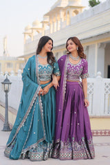 Blue & Purple Luxurious Pure Chinon Lehenga