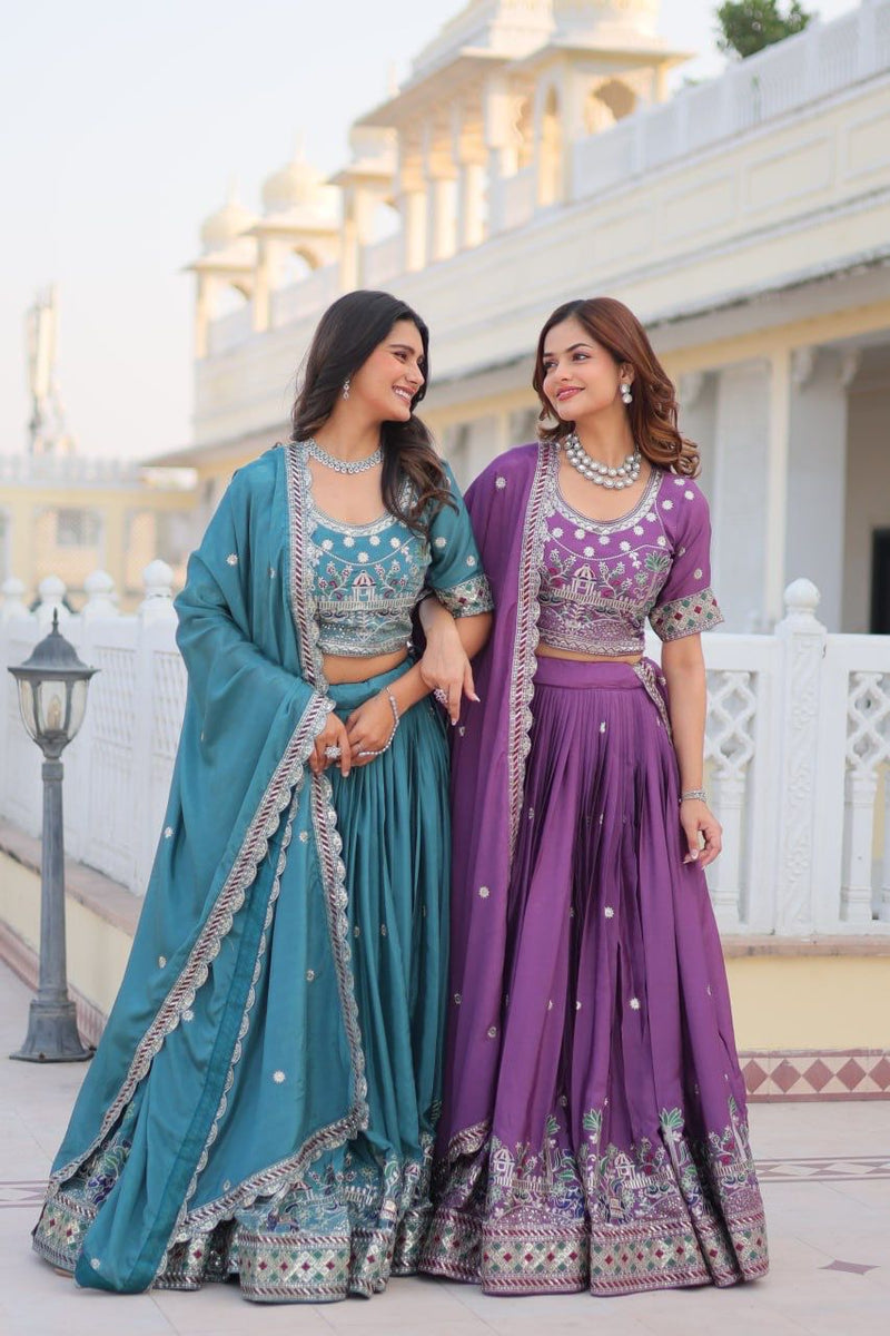 Blue & Purple Luxurious Pure Chinon Lehenga