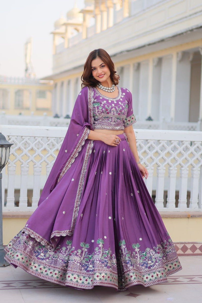 Blue & Purple Luxurious Pure Chinon Lehenga