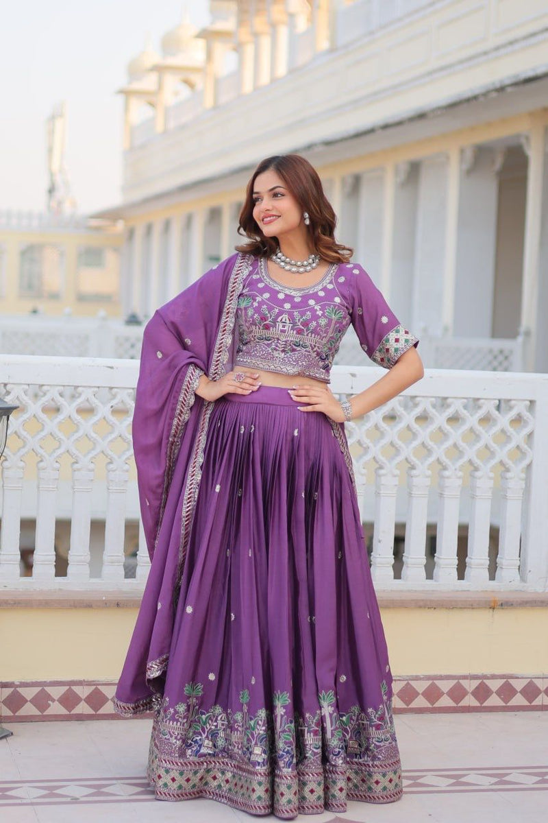 Blue & Purple Luxurious Pure Chinon Lehenga