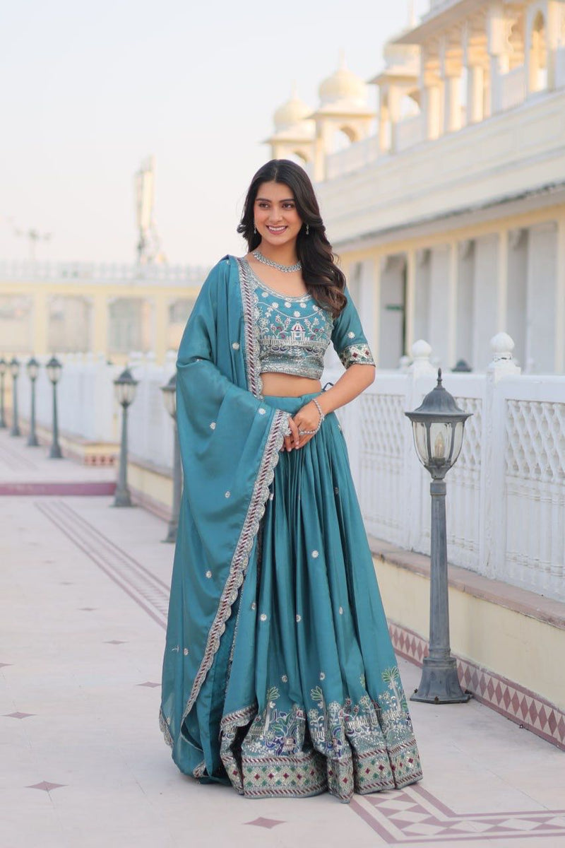 Blue & Purple Luxurious Pure Chinon Lehenga