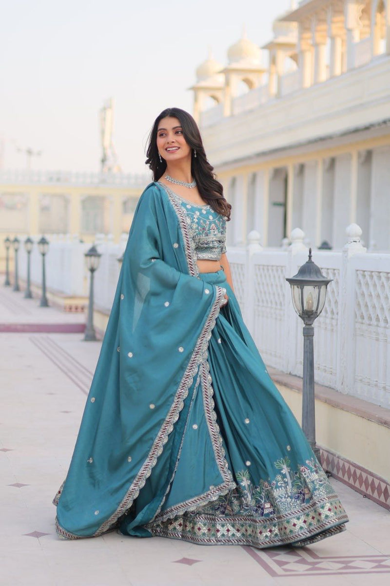 Blue & Purple Luxurious Pure Chinon Lehenga