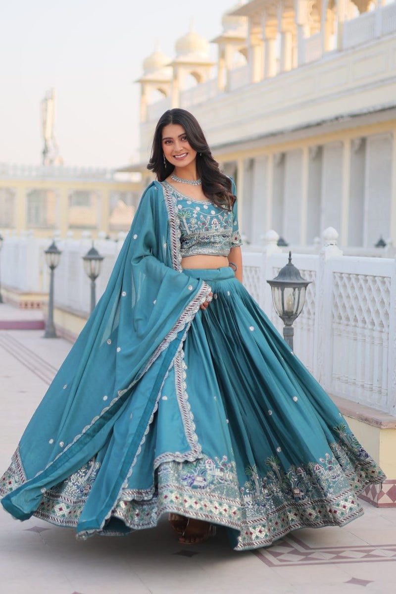 Blue & Purple Luxurious Pure Chinon Lehenga