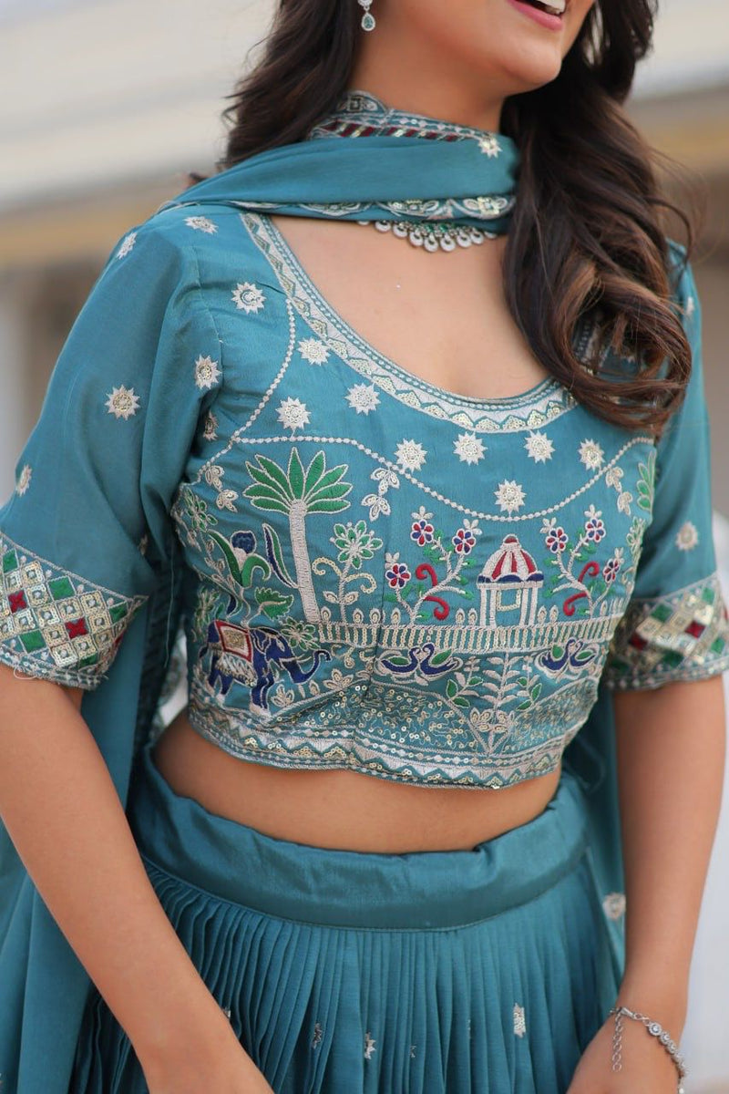 Blue & Purple Luxurious Pure Chinon Lehenga