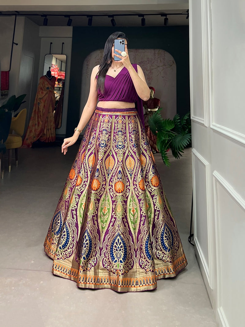 Blue & Wine Banarasi Lehenga Choli