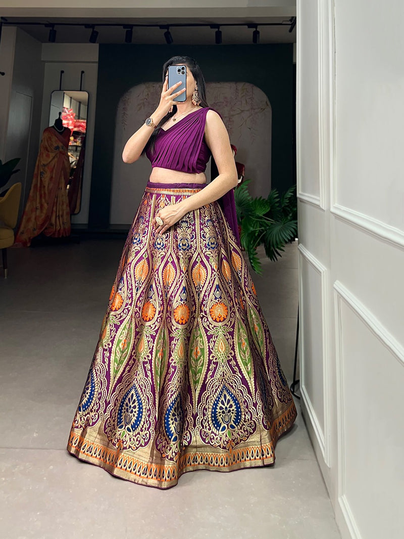 Blue & Wine Banarasi Lehenga Choli