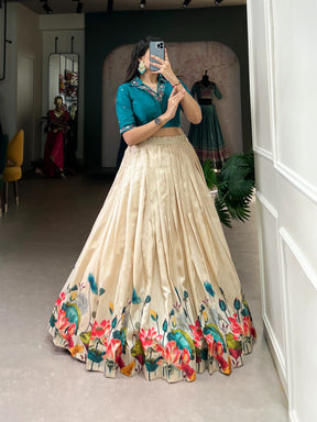 Blue Tussar Silk Floral Print Co-ord Set Lehenga