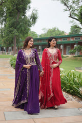 Red & Purple Faux Blooming Gown with Sequins and Zari Embroidery