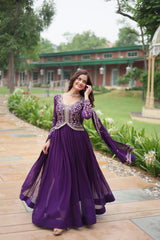 Red & Purple Faux Blooming Gown with Sequins and Zari Embroidery