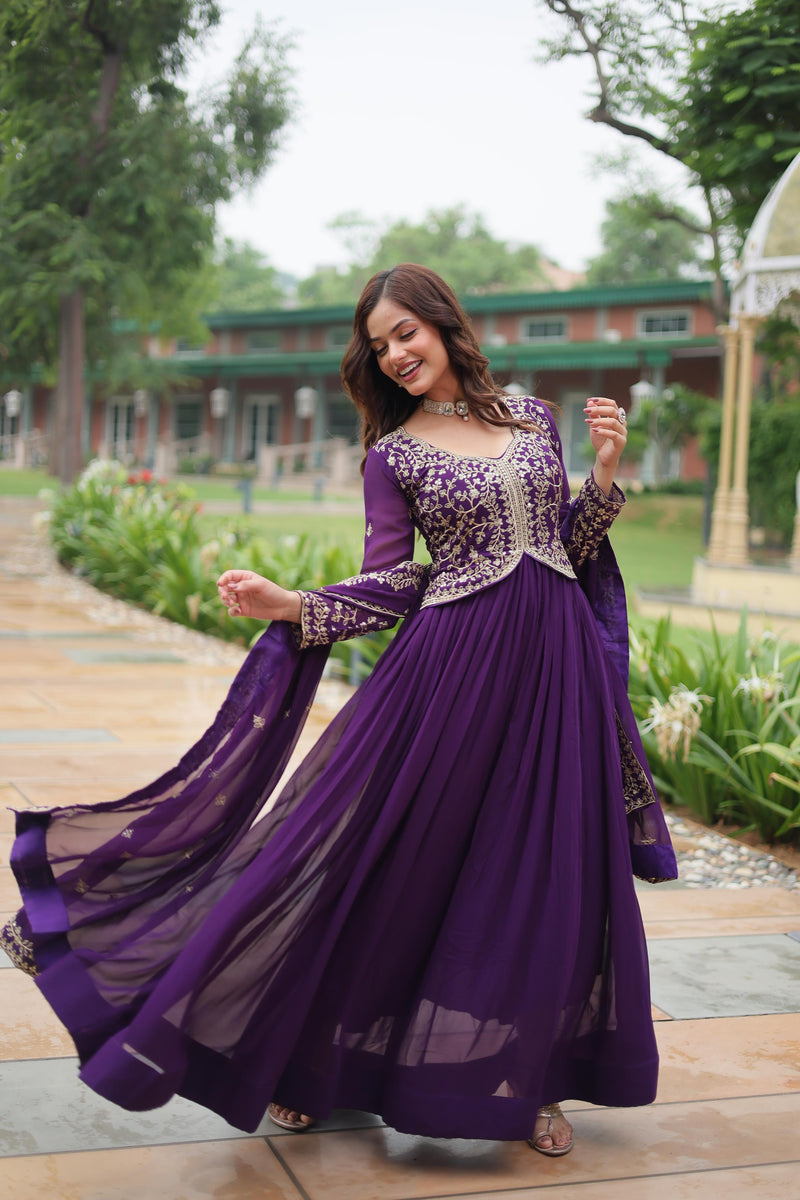 Red & Purple Faux Blooming Gown with Sequins and Zari Embroidery