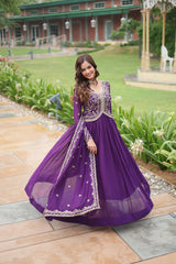 Red & Purple Faux Blooming Gown with Sequins and Zari Embroidery