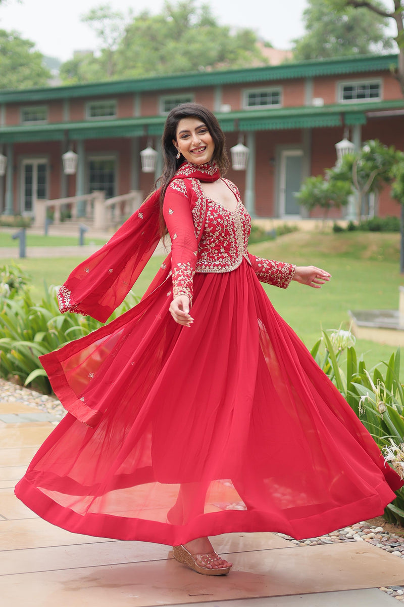 Red & Purple Faux Blooming Gown with Sequins and Zari Embroidery