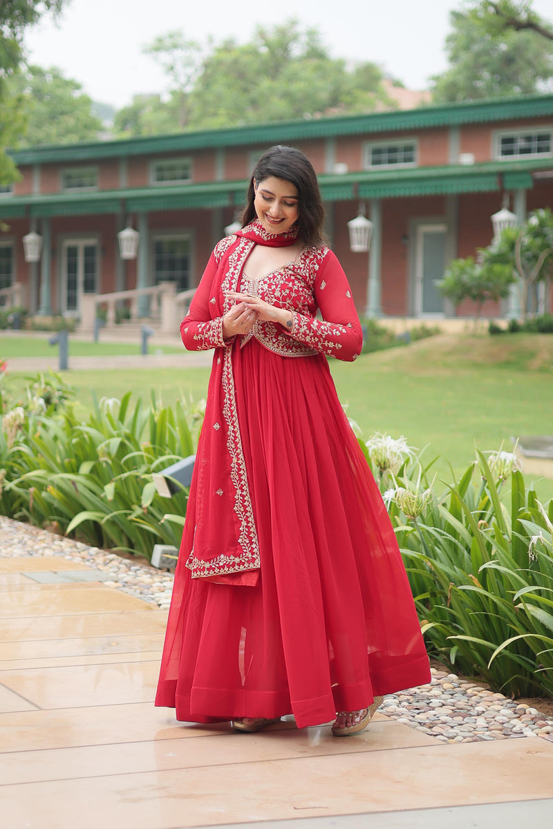 Red & Purple Faux Blooming Gown with Sequins and Zari Embroidery