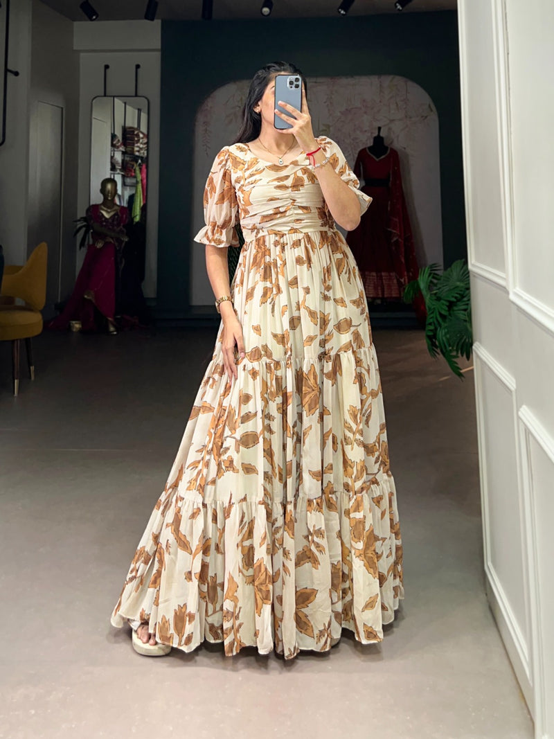 Beige Georgette Printed Gown