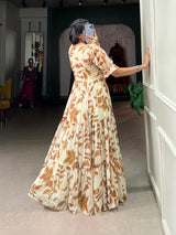 Beige Georgette Printed Gown