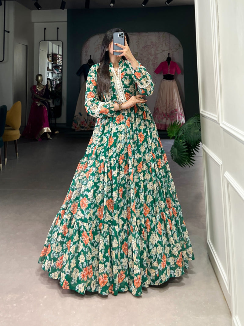 Green Triple-Layer Floral Georgette Gown