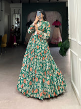 Green Triple-Layer Floral Georgette Gown