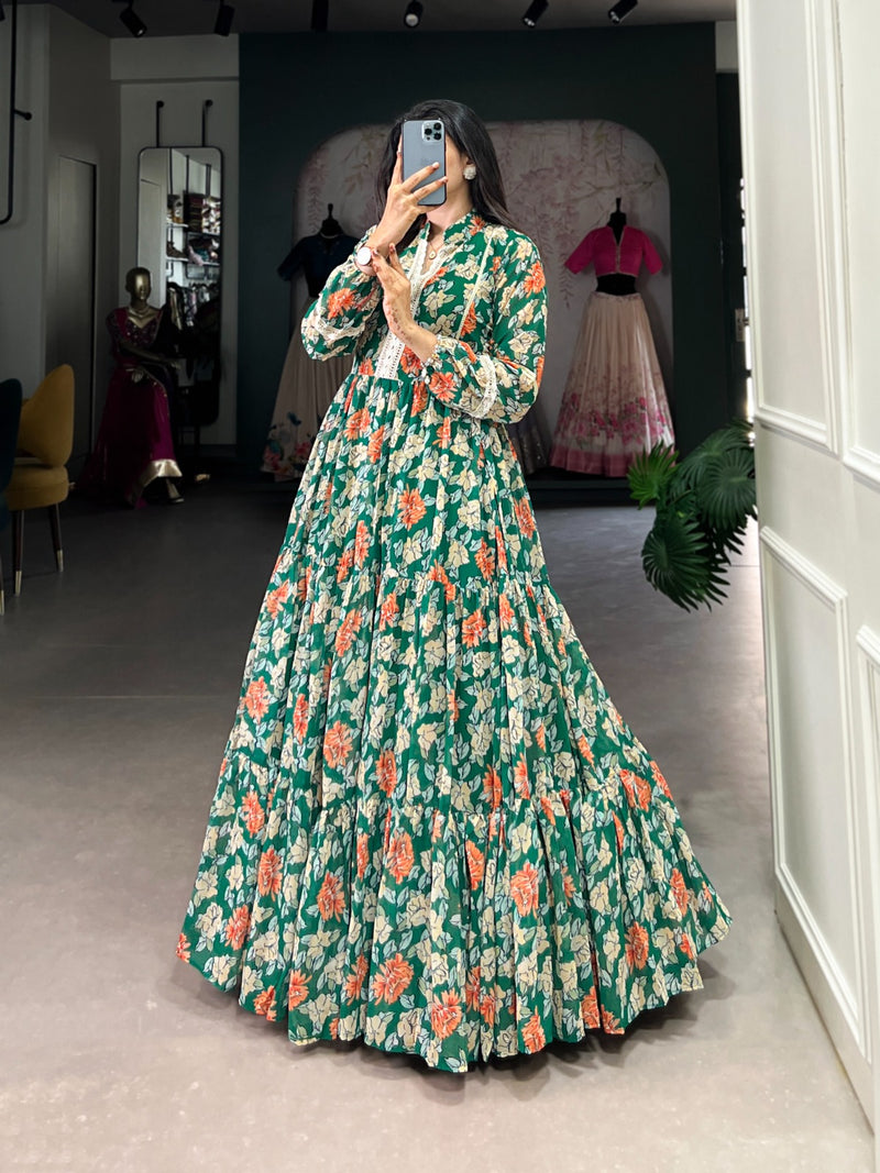 Green Triple-Layer Floral Georgette Gown