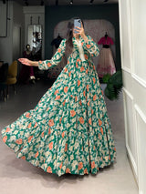 Green Triple-Layer Floral Georgette Gown