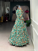 Green Triple-Layer Floral Georgette Gown