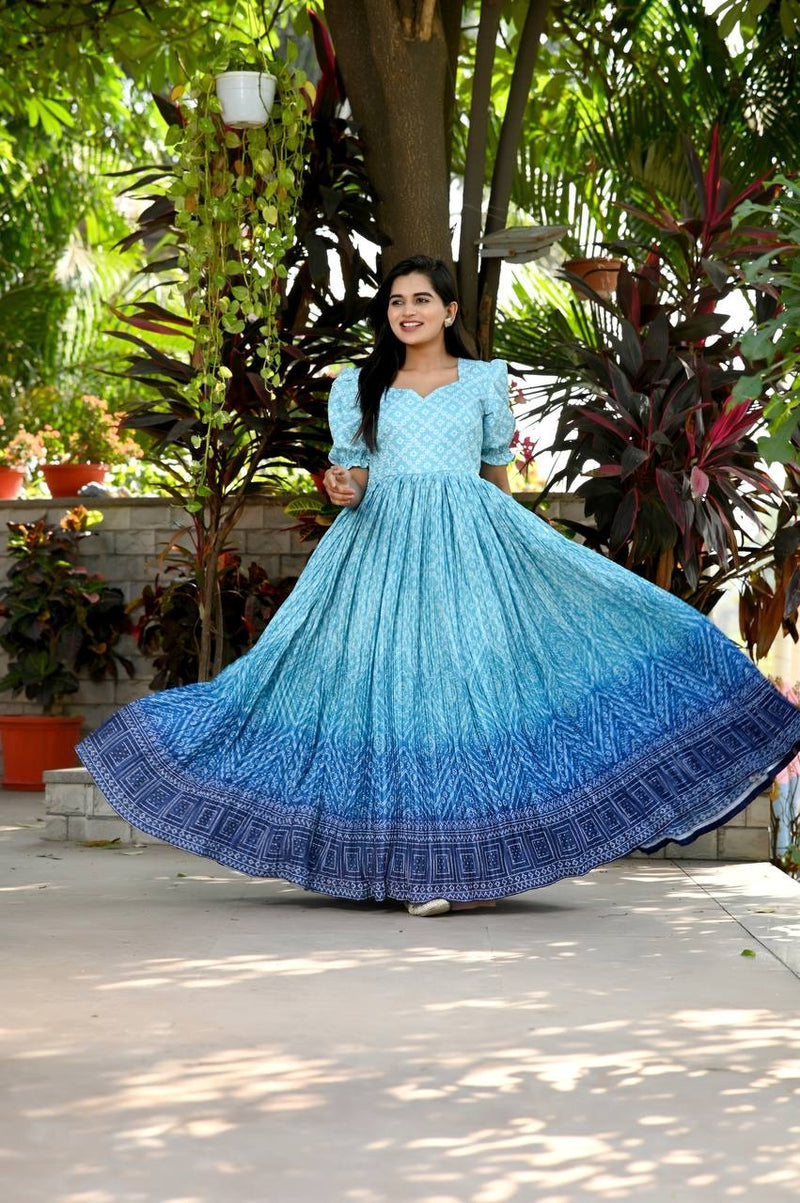 Pink & Blue Bandhej Print Gown