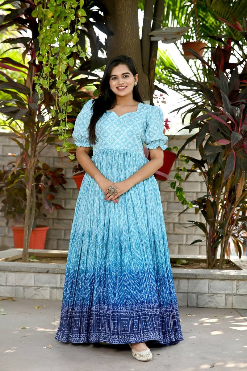 Pink & Blue Bandhej Print Gown