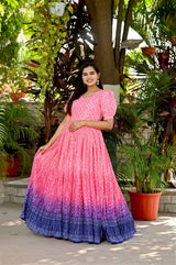 Pink & Blue Bandhej Print Gown