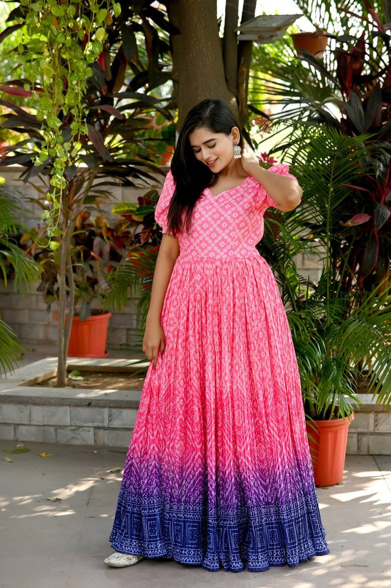 Pink & Blue Bandhej Print Gown