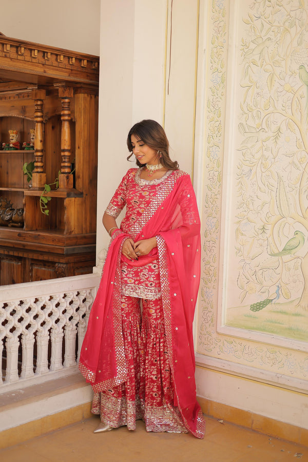 Off White, Pink and Wine Gharara Suit Set