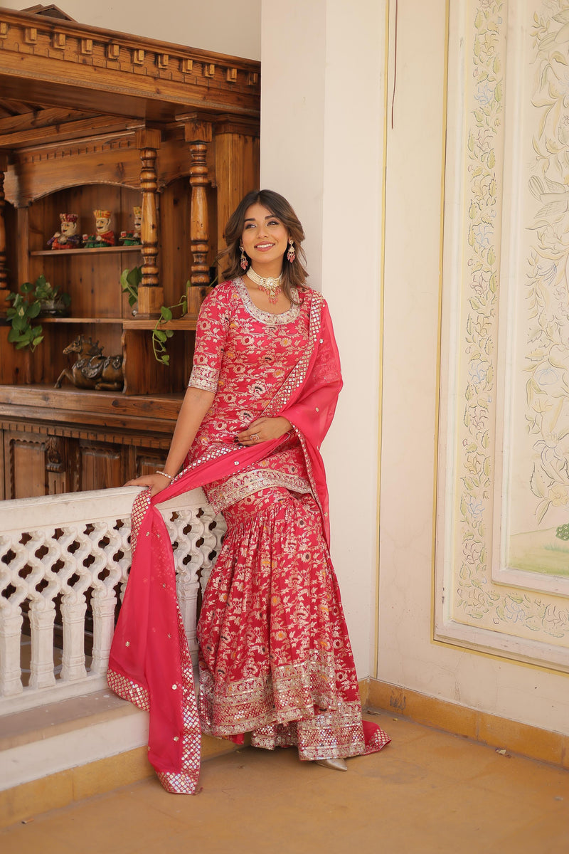 Off White, Pink and Wine Gharara Suit Set