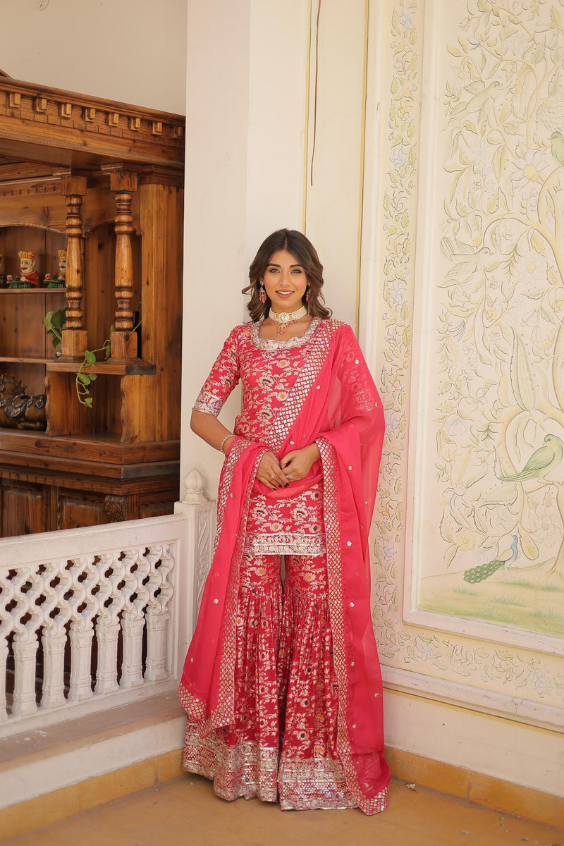 Off White, Pink and Wine Gharara Suit Set