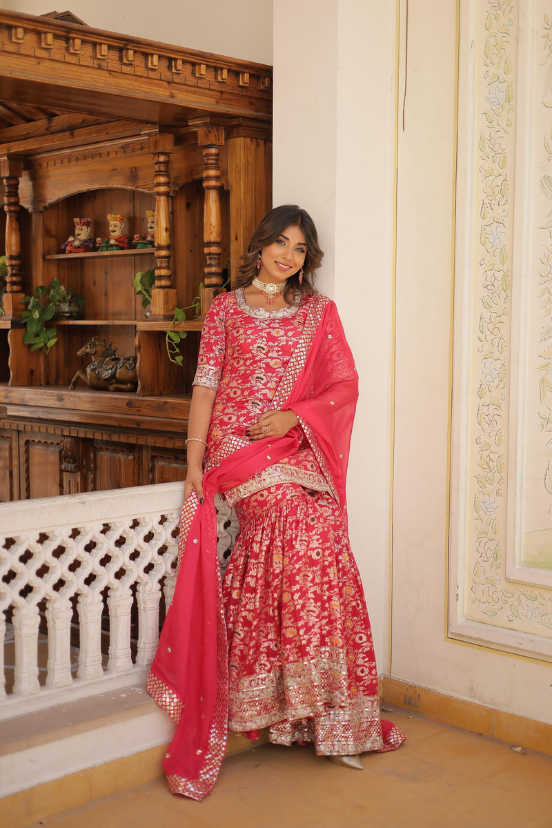 Off White, Pink and Wine Gharara Suit Set