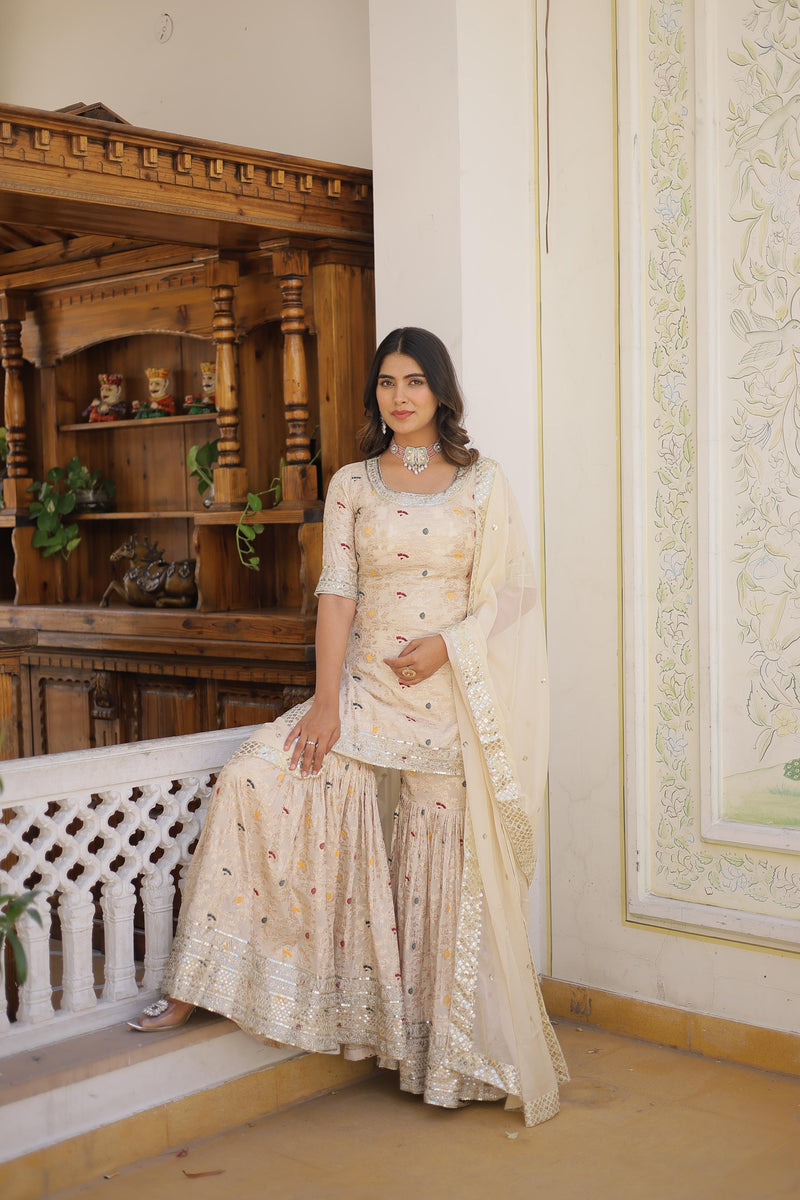 Off White, Pink and Wine Gharara Suit Set