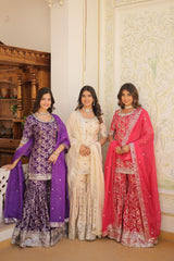 Off White, Pink and Wine Gharara Suit Set