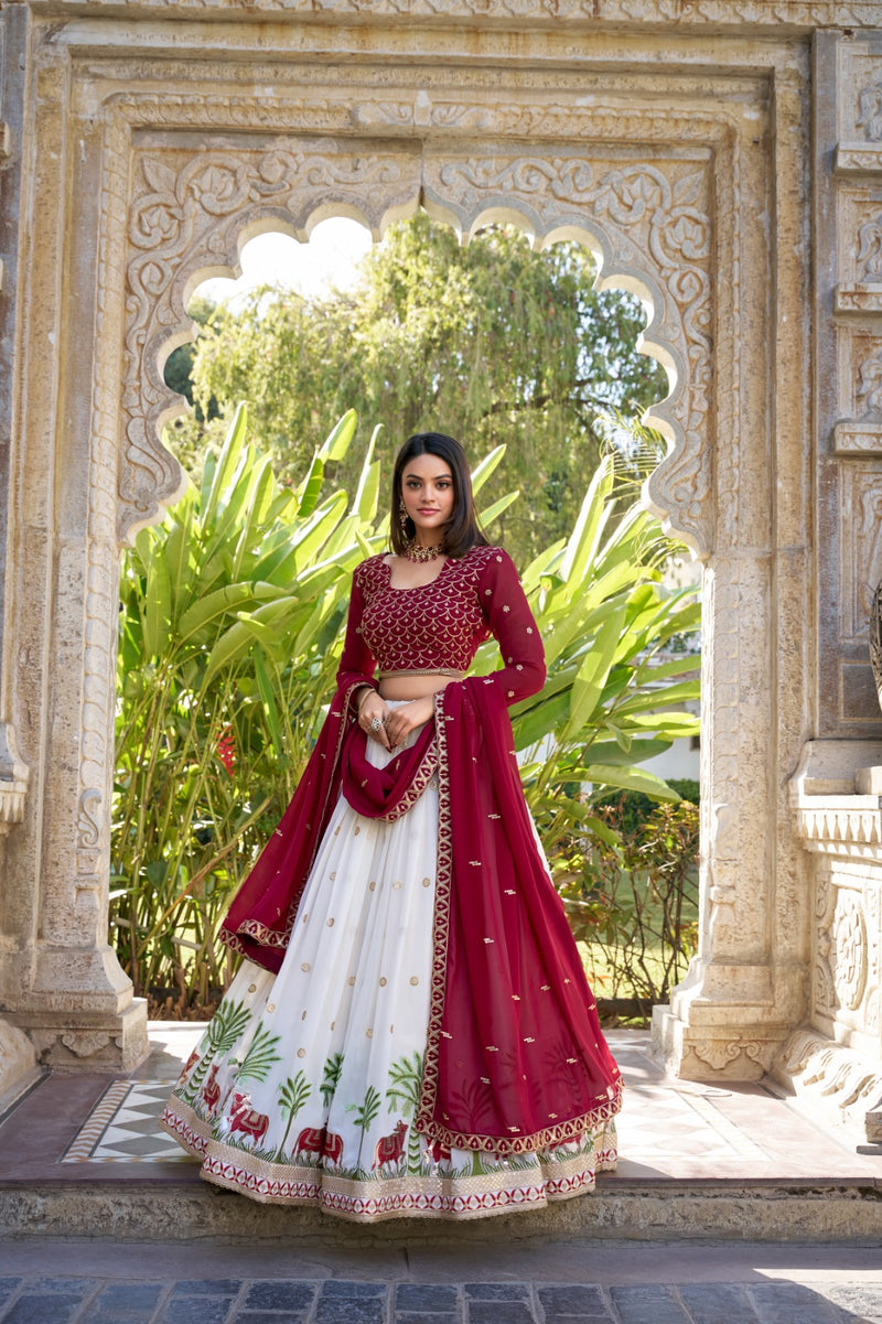 Red & White Gorgette Sequins Thread Embroidery Lehenga