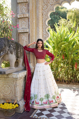 Red & White Gorgette Sequins Thread Embroidery Lehenga