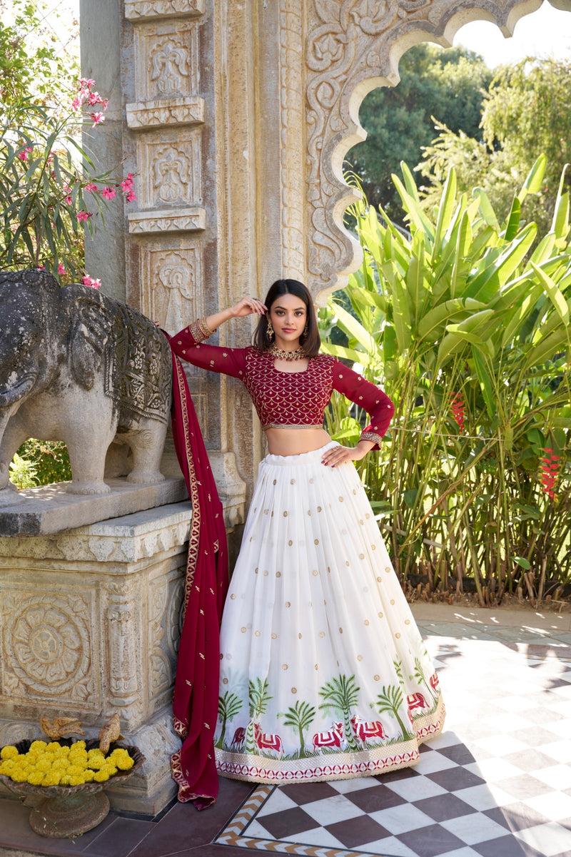 Red & White Gorgette Sequins Thread Embroidery Lehenga