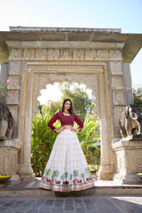 Red & White Gorgette Sequins Thread Embroidery Lehenga