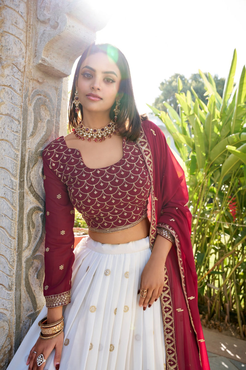 Red & White Gorgette Sequins Thread Embroidery Lehenga