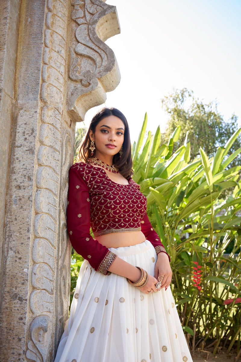 Red & White Gorgette Sequins Thread Embroidery Lehenga