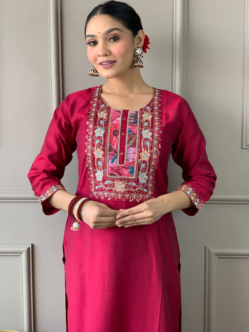 Rani & Black Viscose Chanderi Kurta Set with Dupatta