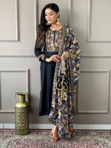 Rani & Black Viscose Chanderi Kurta Set with Dupatta