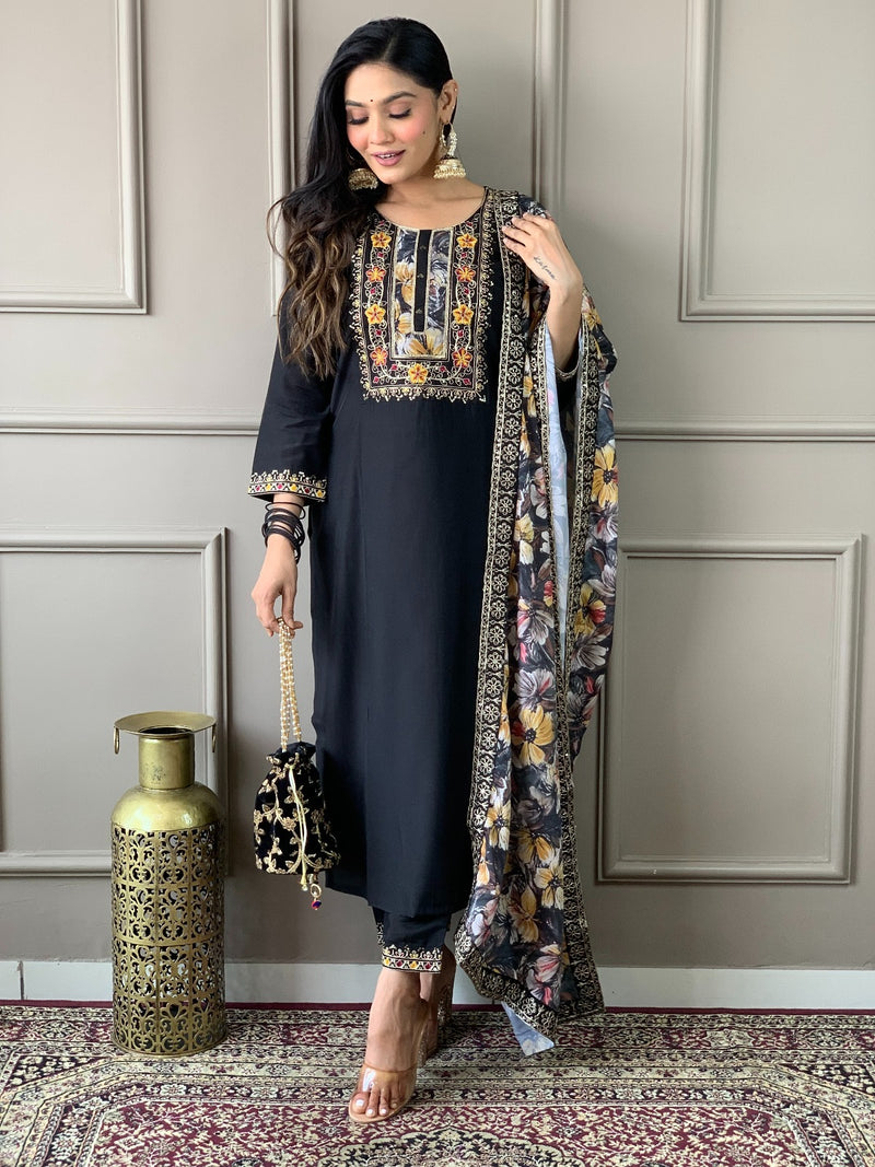 Rani & Black Viscose Chanderi Kurta Set with Dupatta