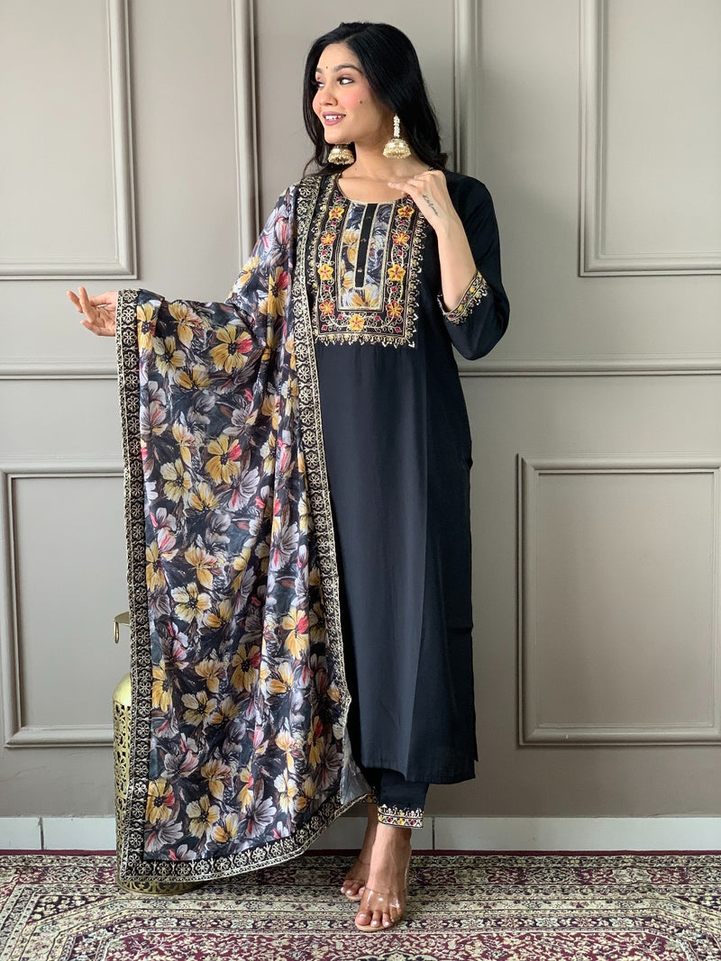 Rani & Black Viscose Chanderi Kurta Set with Dupatta