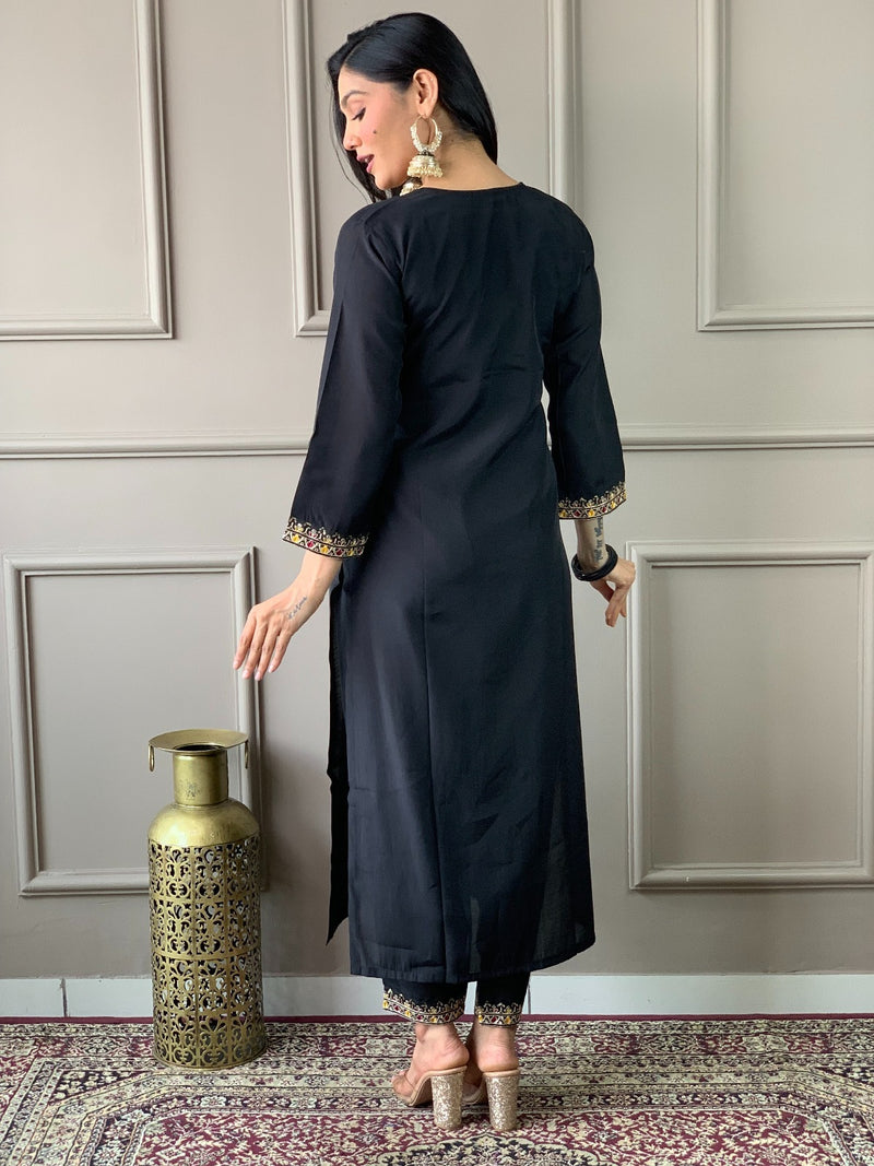 Rani & Black Viscose Chanderi Kurta Set with Dupatta