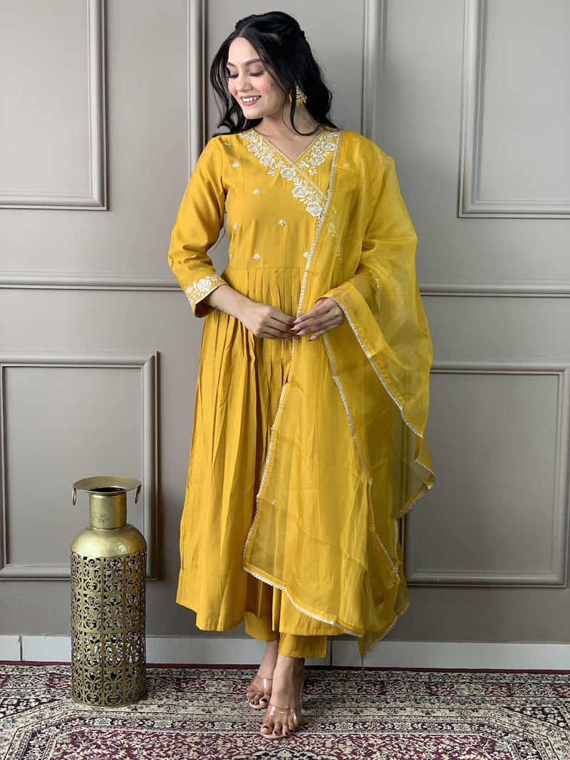 Red and Yellow Viscose Chanderi Kurta Set