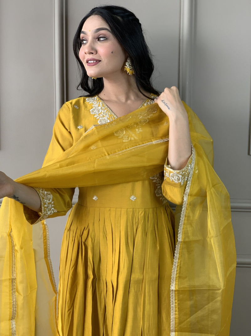 Red and Yellow Viscose Chanderi Kurta Set